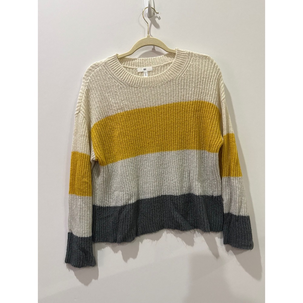 BP Colorblock Striped Sweater Womens Small Yellow Gray Cream Good Ribbed Knit
